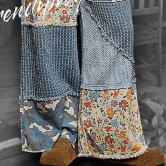 POL Boho Farm Girl Mixed Fabric Cotton Denim Floral Patch Suspender Strap Jeans - Picture 9 of 16